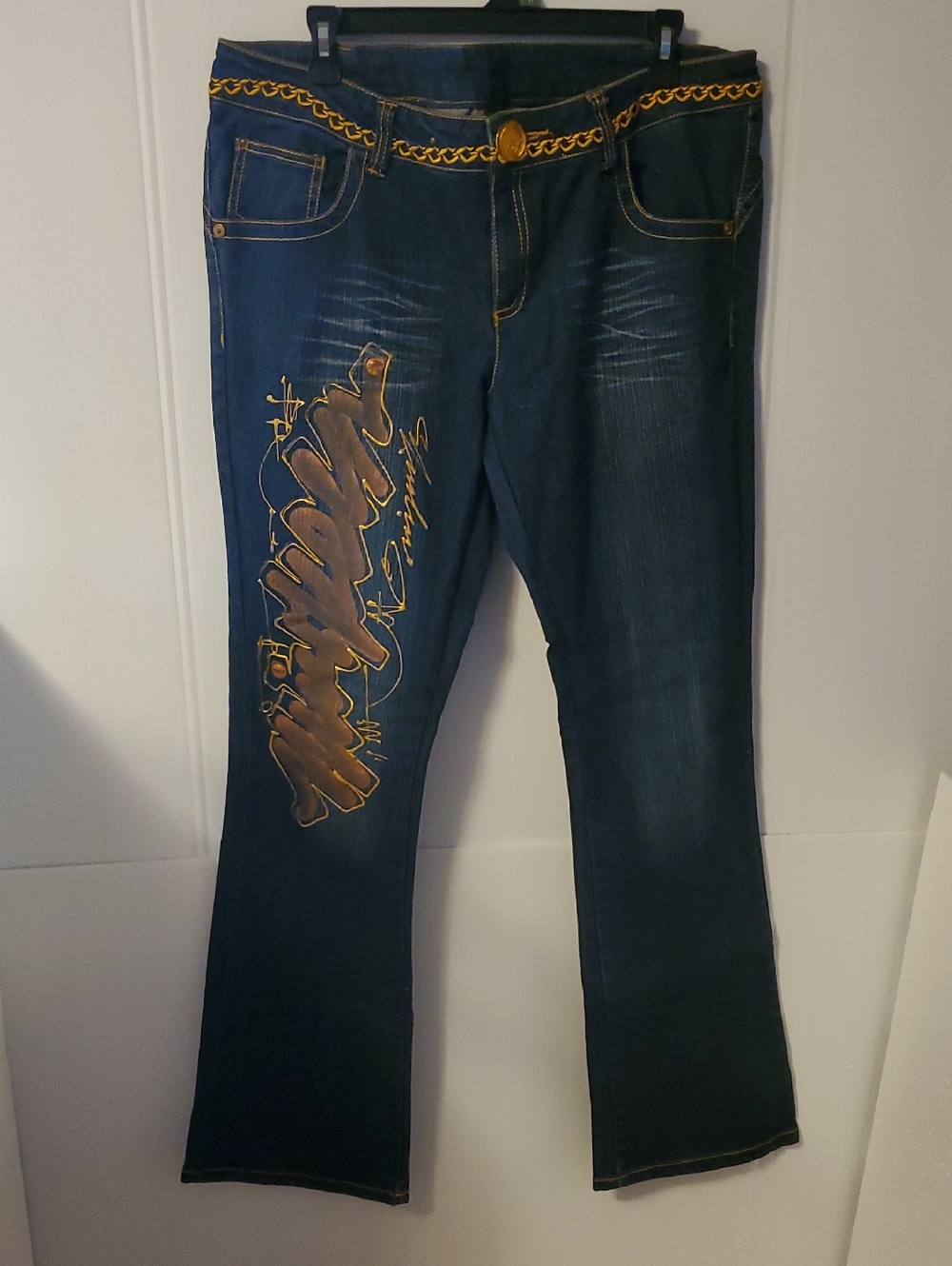 Miskeen Dark Blue Women's Stretch Denim Bootcut Jeans Gold Script Detail